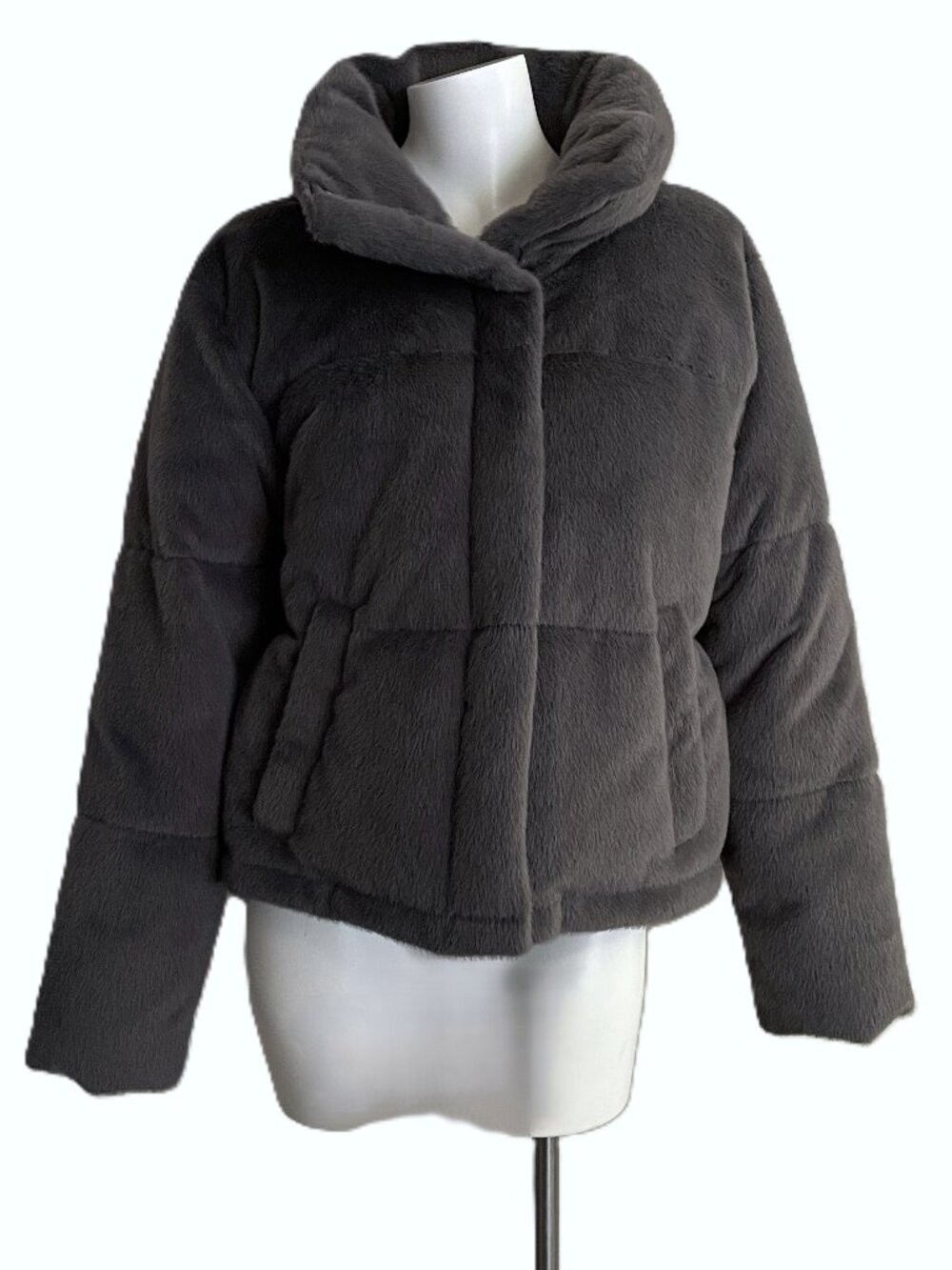 Abercrombie & Fitch Faux Fur Mini Puffer Jacket Coat Women Medium Gray Pockets